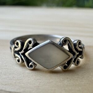 VTG Artisan Ring Size 8.75 Mother of Pearl Shell Ornate Signed 925 Sterling 1.9g